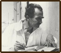 Ο Νίκος Καζαντζάκης στο σπίτι του Γιάννη Αγγελάκη στην Αίγινα συγγράφοντας ελληνο-γαλλικό λεξικό στην καθαρεύουσα και στη δημοτική  Άνοιξη 1931